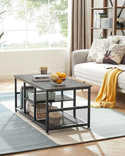 VECELO Coffee Center Table with Storage for Living Room Office Reception, Modern & Industrial Mesh Shelf, 39.4 Inch, Charcoal Grey - LeafyLoom