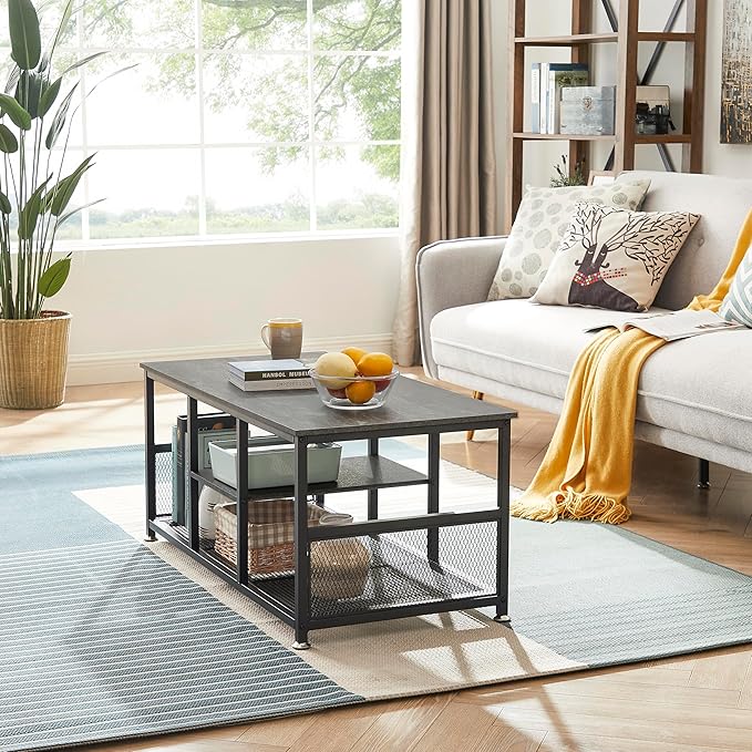 VECELO Coffee Center Table with Storage for Living Room Office Reception, Modern & Industrial Mesh Shelf, 39.4 Inch, Charcoal Grey - LeafyLoom