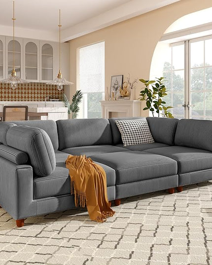 163.8" 6-Seater Upholstered Corner Couch,Large L Shaped Modular Sectional Sofa with Ottoman for Living Room Office Spacious Space Furniture Sets, 163.8 Inch, Gray - LeafyLoom