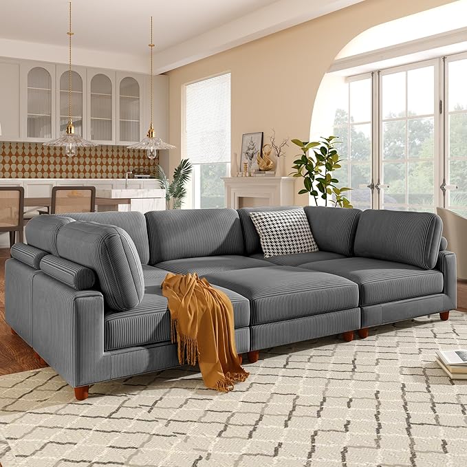 163.8" 6-Seater Upholstered Corner Couch,Large L Shaped Modular Sectional Sofa with Ottoman for Living Room Office Spacious Space Furniture Sets, 163.8 Inch, Gray - LeafyLoom