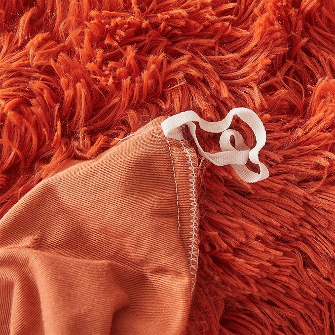 Fluffy Orange Comforter Cover Set Queen - Ultra Soft Plush Burnt Orange Bedding Sets 3 Pieces (1 Faux Fur Duvet Cover + 2 Faux Fur Pillow case) Boho Orange Queen Bed Sets (Dark Orange, Queen) - LeafyLoom