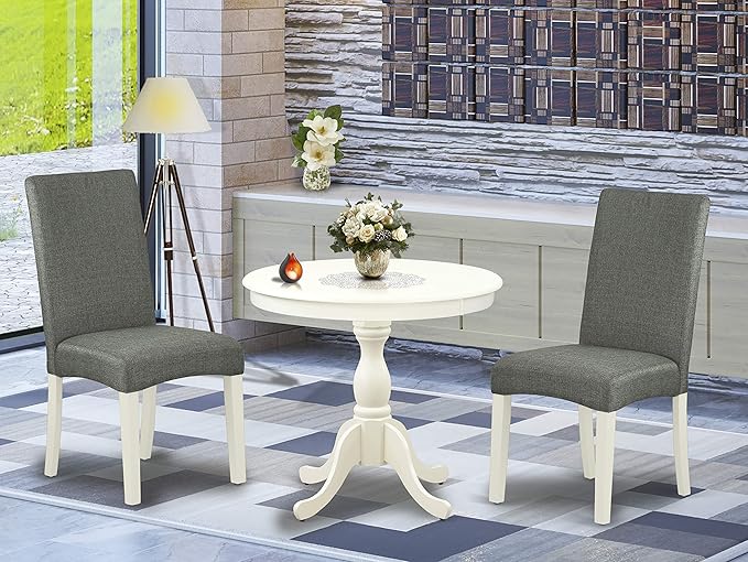 East West Furniture Antique 3 Piece Dining Set for Small Spaces Contains a Round Kitchen Table with Pedestal and 2 Gray Fabric Upholstered Chairs, 36x36 Inch, Linen White - LeafyLoom
