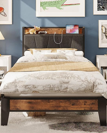 LIKIMIO Twin XL Bed Frames, Storage Headboard with Charging Station, Solid and Stable, Noise Free, No Box Spring Needed, Easy Assembly - LeafyLoom