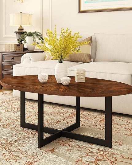 Solid Wood Oval Coffee Table with Cross Metal Legs, 47.9" Industrail Bar Cocktail Table for Living Room Kitchen Office Sofa Table Bristro Table for Cafe/Bar Rustic Brown - LeafyLoom