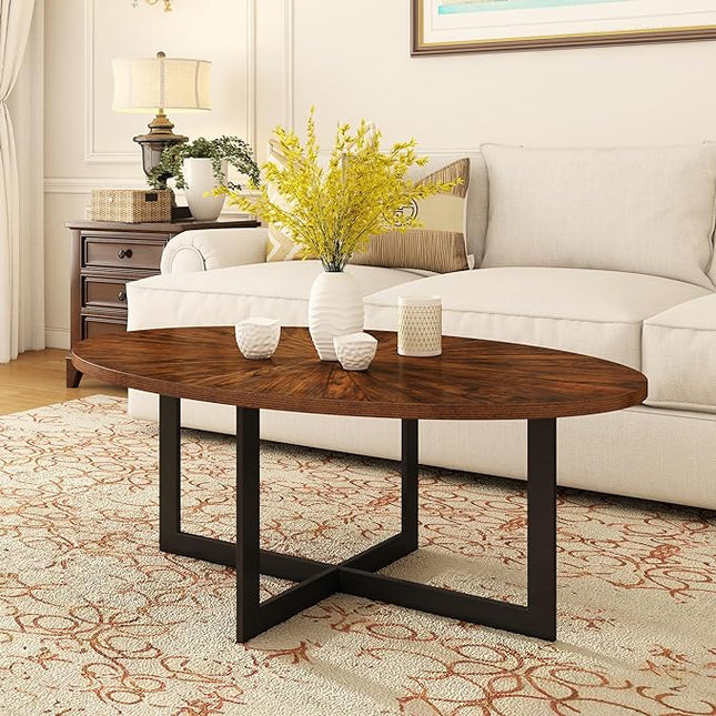 Solid Wood Oval Coffee Table with Cross Metal Legs, 47.9" Industrail Bar Cocktail Table for Living Room Kitchen Office Sofa Table Bristro Table for Cafe/Bar Rustic Brown - LeafyLoom