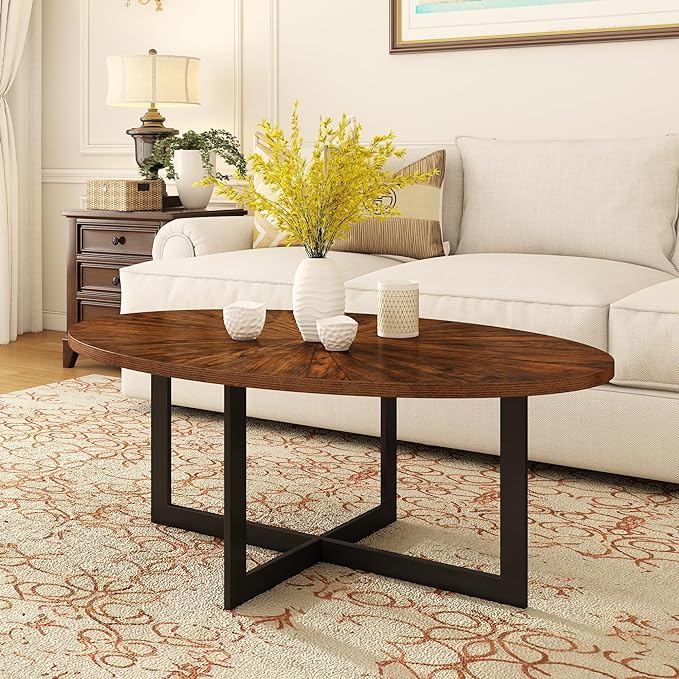 Solid Wood Oval Coffee Table with Cross Metal Legs, 47.9" Industrail Bar Cocktail Table for Living Room Kitchen Office Sofa Table Bristro Table for Cafe/Bar Rustic Brown - LeafyLoom