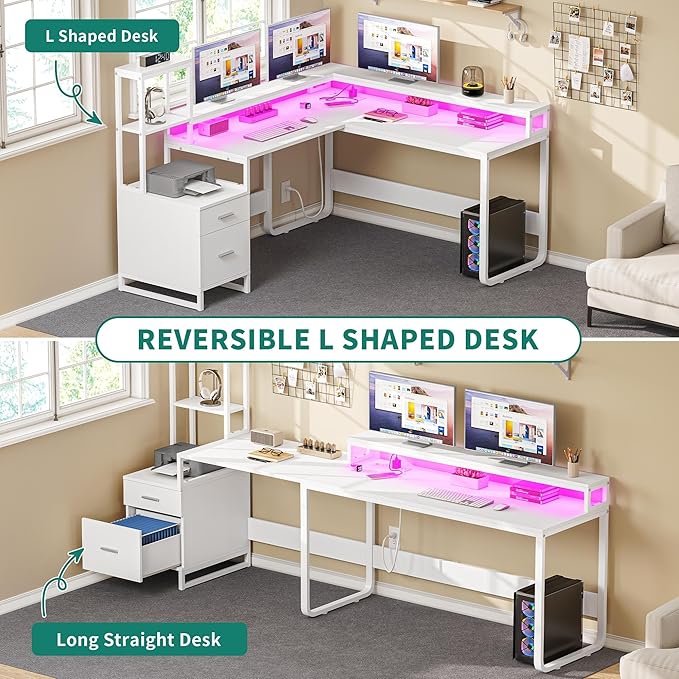 YITAHOME L Shaped Desk with Power Outlets & Hutch, Computer Desk with Drawers & LED Lights, Reversible Corner Office Desk with Printer Stand for Home Office, White - LeafyLoom