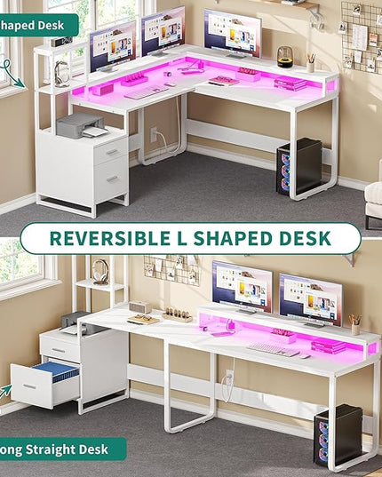 YITAHOME L Shaped Desk with Power Outlets & LED Lights, Reversible Computer Desk with Drawers & Hutch, Corner Desk Office Desk with Monitor Stand, Printer Stand, 2 Person Desk, White - LeafyLoom