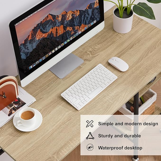 VECELO 43 Inch Computer Desk Writing Study Work Office Table Modern desk with shelves wooden desk for Home Bedroom,Oak Desk - LeafyLoom