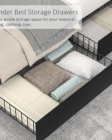 VECELO Queen Size Upholstered Platform Bed Frame with 4 Storage Drawers, Adjustable Velvet Rivets Headboard, Wooden Slats Support, No Box Spring Needed, Easy Assembly - LeafyLoom