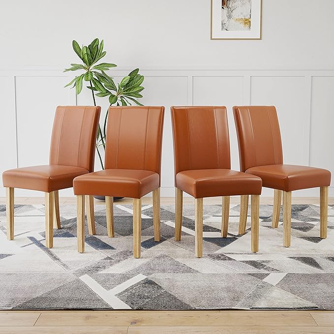 Soohow Upholstered Set of 2, Indoor Room Armless Kitchen Table Parson Chairs Set of 4 with Solid Wood Legs, Dining Chiar 4pcs, Brown Leather - LeafyLoom