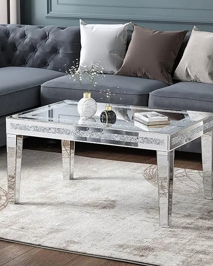 Silver Coffee Table with Crystals Inlay, 35 inches Modern Contemporary Accent Side or Coffee Table for Living Room with Mirrored Finished - LeafyLoom