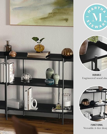Martha Stewart Emmett 3 Shelf Bookcase with Vertical Metal Frame, Home Office Storage Display Unit, 35"H, Black Wood Grain/Oil Rubbed Bronze - LeafyLoom