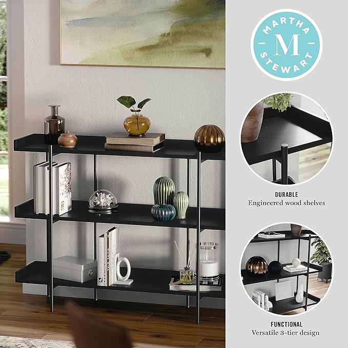 Martha Stewart Emmett 3 Shelf Bookcase with Vertical Metal Frame, Home Office Storage Display Unit, 35"H, Black Wood Grain/Oil Rubbed Bronze - LeafyLoom