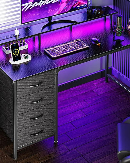 47 Inch Computer Desk with Power Outlets and LED Lights, Gaming Desk with 4 Drawers, Office Desk with Monitor Stand, Study Desk Work Desk for Home Office, Small Spaces, Black - LeafyLoom