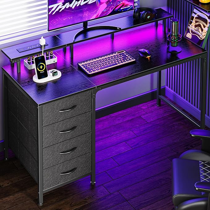47 Inch Computer Desk with Power Outlets and LED Lights, Gaming Desk with 4 Drawers, Office Desk with Monitor Stand, Study Desk Work Desk for Home Office, Small Spaces, Black - LeafyLoom