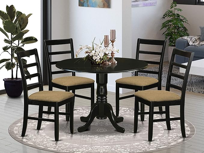 East West Furniture DLPF5-BLK-C Dublin 5 Piece Set for 4 Includes a Round Kitchen Table with Dropleaf and 4 Linen Fabric Dining Room Chairs, 42x42 Inch, Black - LeafyLoom