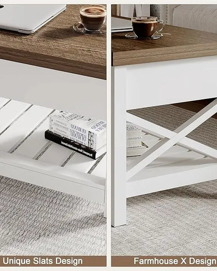 ChooChoo Farmhouse Lift Top Coffee Table, Multi-Function Convertible Coffee Table with Storage and Hidden Compartment, Coffee Table Converts to Dining Table for Living Room, 40 White & Brown - LeafyLoom