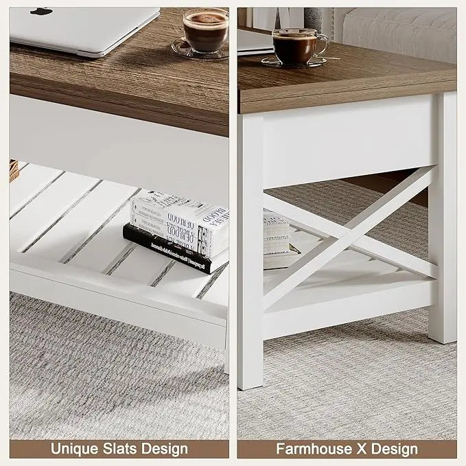 ChooChoo Farmhouse Lift Top Coffee Table, Multi-Function Convertible Coffee Table with Storage and Hidden Compartment, Coffee Table Converts to Dining Table for Living Room, 40 White & Brown - LeafyLoom