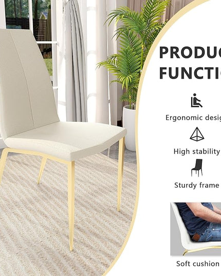 Modern Faux Leather Dining Chairs Set of 4, Padded Seat Dining Side Chairs, Upholstered Chair with Metal Legs for Kitchen, Living Room, Dining Room, White Chairs+Gold Legs - LeafyLoom