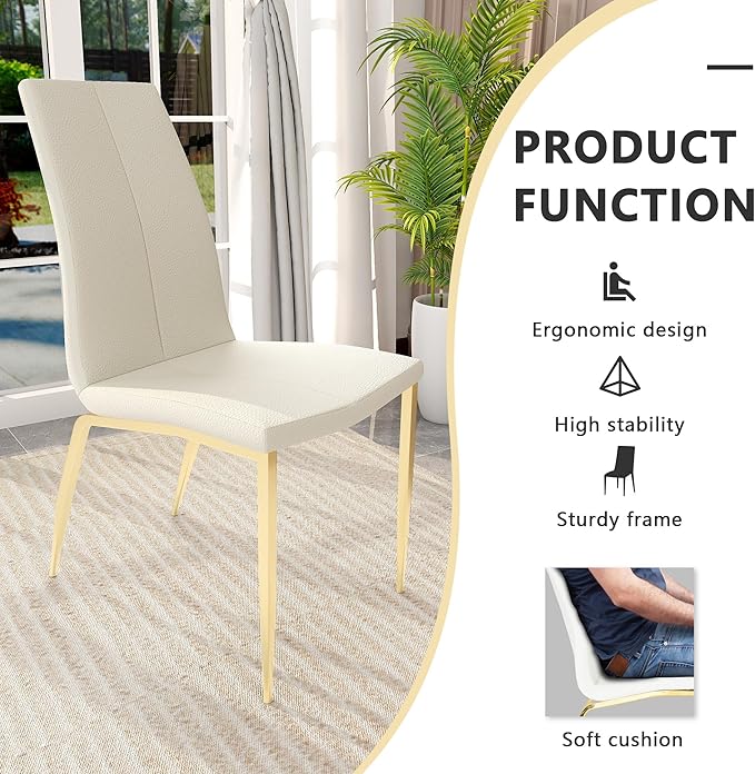 Modern Faux Leather Dining Chairs Set of 4, Padded Seat Dining Side Chairs, Upholstered Chair with Metal Legs for Kitchen, Living Room, Dining Room, White Chairs+Gold Legs - LeafyLoom