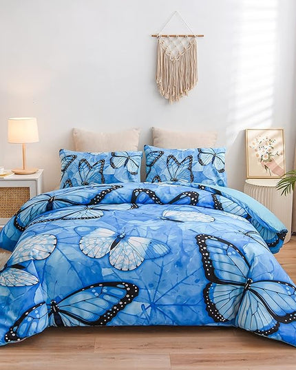 Btargot 3 Piece Blue Butterfly Girls Kids Adults Queen Size Comforter Set, Lightweight Soft All Season Bedding Set with 2 Pillowcases - LeafyLoom