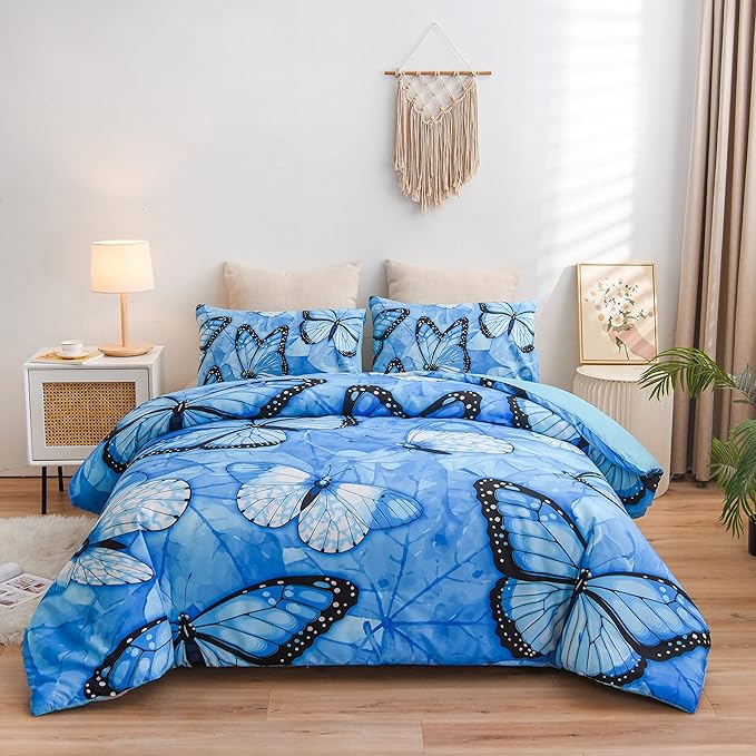 Btargot 3 Piece Blue Butterfly Girls Kids Adults Queen Size Comforter Set, Lightweight Soft All Season Bedding Set with 2 Pillowcases - LeafyLoom