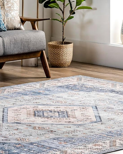 nuLOOM Elowyn Machine Washable Medallion Ultra Thin Area Rug, 4' x 6', Blue - LeafyLoom