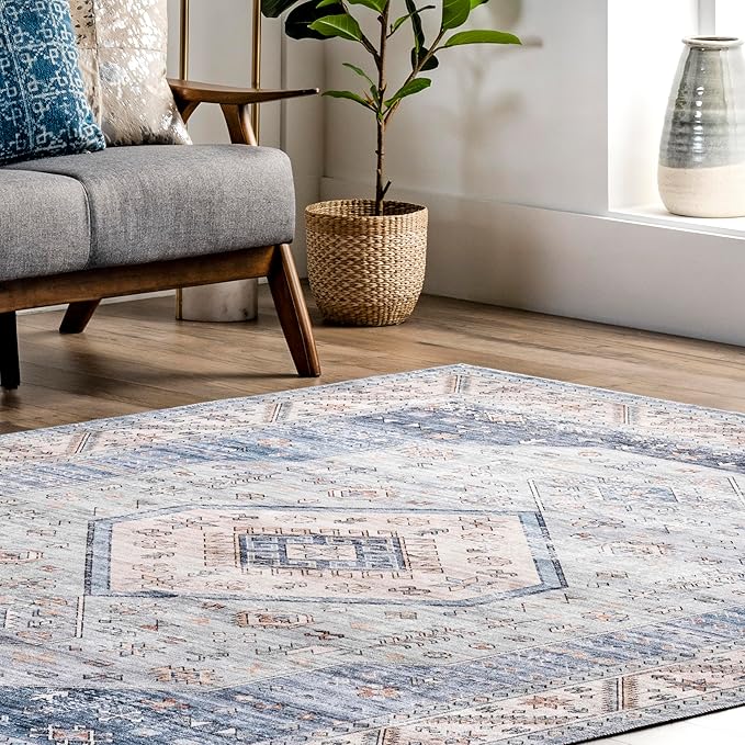 nuLOOM Elowyn Machine Washable Medallion Ultra Thin Area Rug, 4' x 6', Blue - LeafyLoom