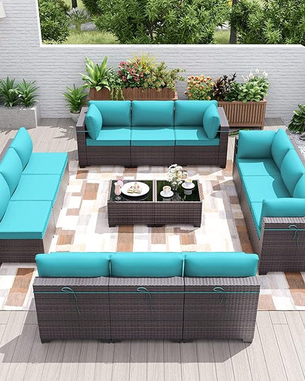Patio Furniture Set 14-Pieces Outdoor Furniture for Backyard Wicker Sectional Sofa Set, Rattan Patio Conversation Set with Thickened Cushions and Glass Coffee Table, Blue - LeafyLoom