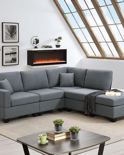 89.8" Modern Sectional Sofa with Convertible Ottoman and 2 Pillows,L-Shape Linen Fabric Corner Couch 5 Set W/Back & Cushion,can Hold up to 330 Lbs,for Apartment,Living Room,Dark Grey - LeafyLoom