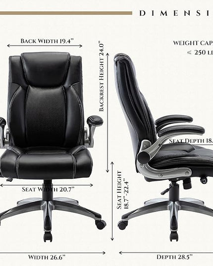 Office Chair Ergonomic Computer Chair, Executive Desk Chair with Adjustable Lumbar Support and Flip-up Arms, Swivel Rolling Work Chair-Black - LeafyLoom