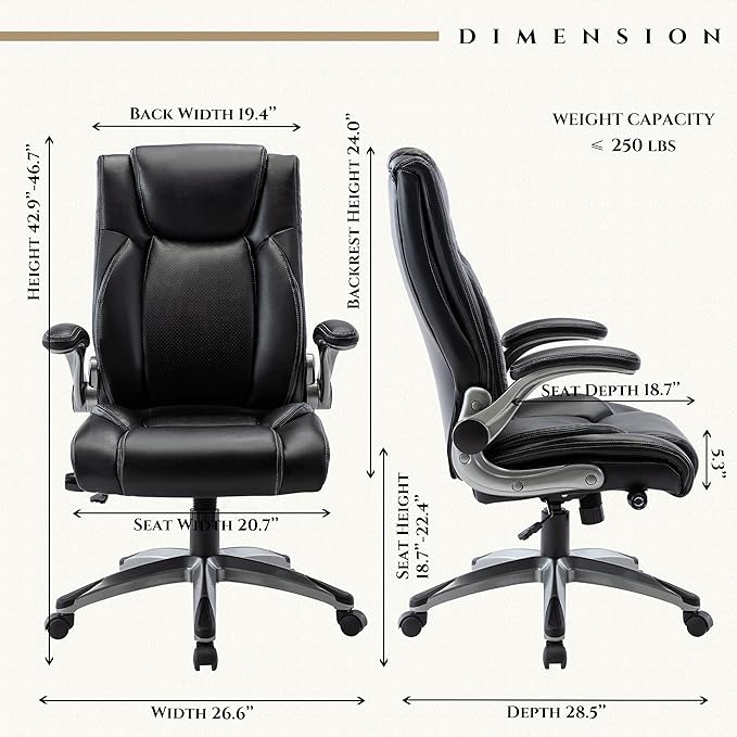 Office Chair Ergonomic Computer Chair, Executive Desk Chair with Adjustable Lumbar Support and Flip-up Arms, Swivel Rolling Work Chair-Black - LeafyLoom