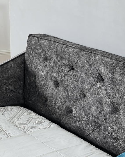 Queen Size Upholstered Tufted Daybed with Two Pull Out Drawers Bed, Button Polyester on Back, Waved Shape Arms,No Need Boxing Spring, for Bedroom, Living Room, Grey - LeafyLoom