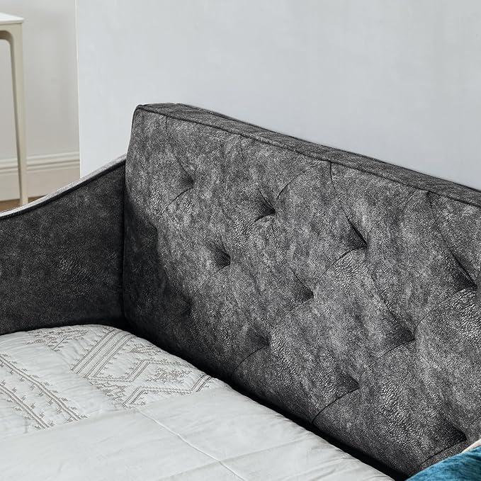 Queen Size Upholstered Tufted Daybed with Two Pull Out Drawers Bed, Button Polyester on Back, Waved Shape Arms,No Need Boxing Spring, for Bedroom, Living Room, Grey - LeafyLoom