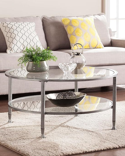 SEI Furniture Jaymes Metal & Glass Round 2-Tier Coffee Table, Silver/Black Distressing - LeafyLoom