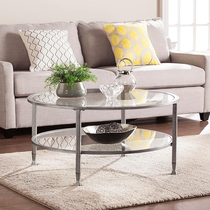 SEI Furniture Jaymes Metal & Glass Round 2-Tier Coffee Table, Silver/Black Distressing - LeafyLoom