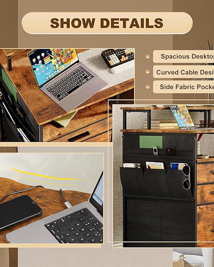 Computer Desk with 3 File Cabinet Drawers, 57.8'' Reversible Gaming Desk, Office Desk with Storage Shelves and Dual Monitor Stand for Home & Office (Rustic Brown) - LeafyLoom
