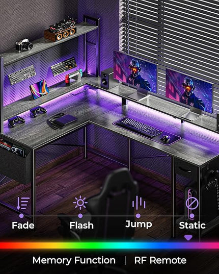 L Shaped Desk Computer Desk with LED Lights & Power Outlets, Gaming Desk with Storage Shelves, Corner Desk Home Office Desks for Bedroom, Grey - LeafyLoom