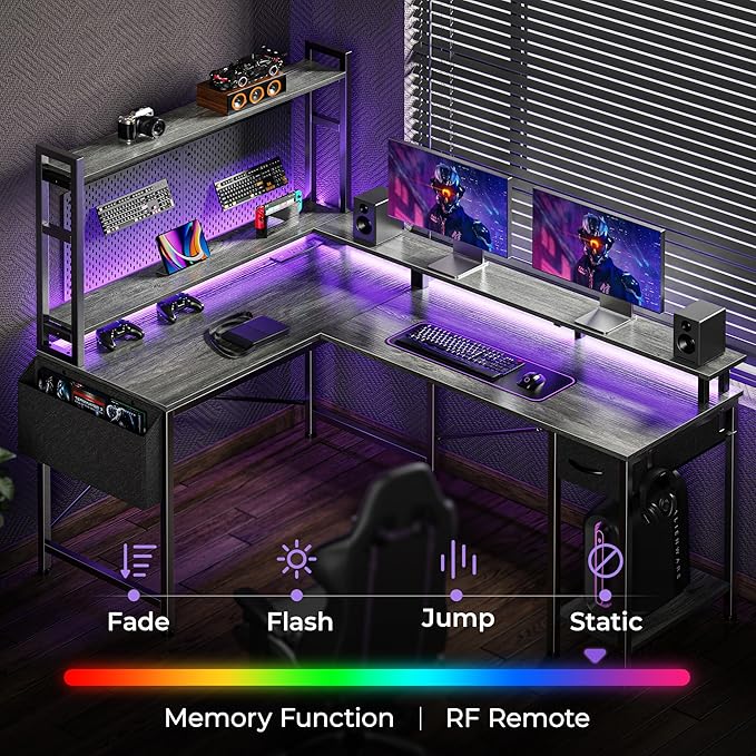 L Shaped Desk Computer Desk with LED Lights & Power Outlets, Gaming Desk with Storage Shelves, Corner Desk Home Office Desks for Bedroom, Grey - LeafyLoom