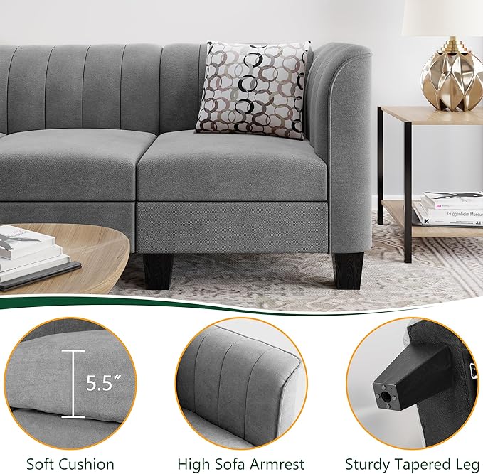 Shintenchi Upgraded Convertible Sectional Sofa Couch, 3 Seat L Shaped Sofa with High Armrest Linen Fabric Small Couch Mid Century for Living Room, Apartment and Office (Light Grey) - LeafyLoom