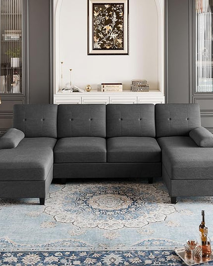 Shintenchi Sectional Couches for Living Room, U Shaped Sofa Couch with Double Chaise, 4-Seat Living Room Furniture Sets with Soft Cushion & Linen Fabric, Black - LeafyLoom