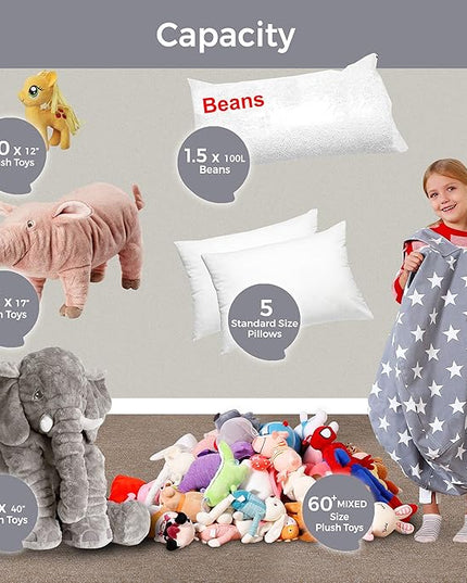 Aubliss Stuffed Animal Bean Bag Storage Chair, Beanbag Covers Only for Organizing Plush Toys, Turns into Bean Bag Seat for Kids When Filled, Medium 32"-Canvas Stars Grey - LeafyLoom