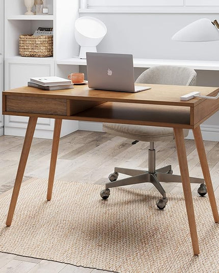 Nathan James Parker Modern Home Office Writing, Computer or Laptop Desk with Open Storage Cubby and Small Drawer, Walnut - LeafyLoom