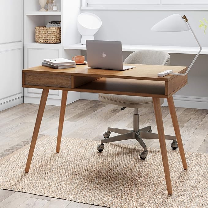 Nathan James Parker Modern Home Office Writing, Computer or Laptop Desk with Open Storage Cubby and Small Drawer, Walnut - LeafyLoom