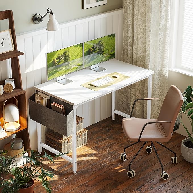 CubiCubi Computer Desk 40" Study Writing Table for Home Office, Modern Simple Style PC Desk, White Metal Frame, White - LeafyLoom