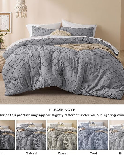 Bedsure King Size Comforter Set - Grey Comforter, Boho Tufted Shabby Chic Bedding Comforter Set, 3 Pieces Vintage Farmhouse Bed Set for All Seasons, Fluffy Soft Bedding Set with 2 Pillow Shams - LeafyLoom