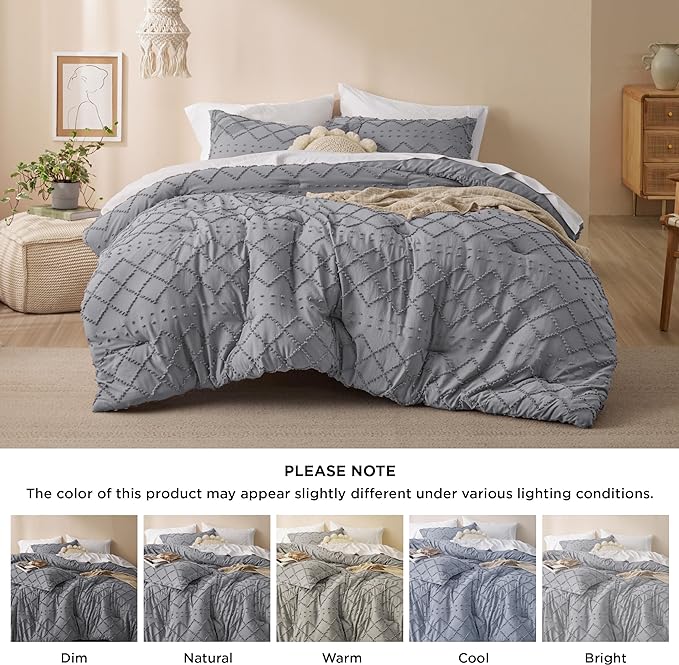 Bedsure King Size Comforter Set - Grey Comforter, Boho Tufted Shabby Chic Bedding Comforter Set, 3 Pieces Vintage Farmhouse Bed Set for All Seasons, Fluffy Soft Bedding Set with 2 Pillow Shams - LeafyLoom