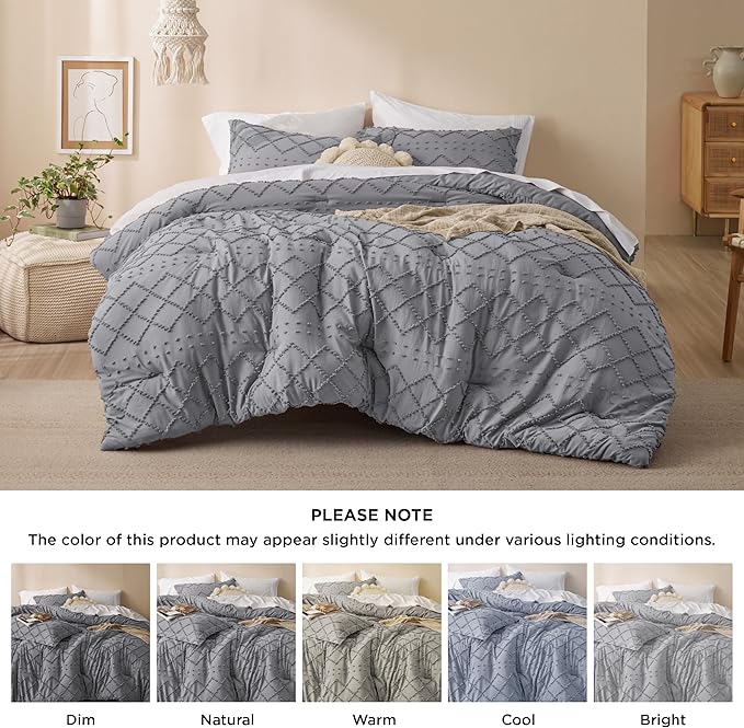 Bedsure Twin/Twin XL Comforter Set - Grey Boho Twin Extra Long Comforter Set for College, Shabby Chic Dorm Bedding Set, 2 Pieces Modern Farmhouse Bed Set, includes 1 Pillow Sham - LeafyLoom