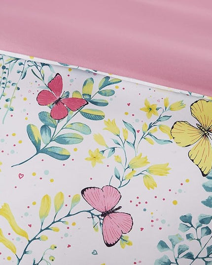Mi Zone Kids Cynthia Comforter for Girls Microfiber Animal Butterfly Print, Modern All Season Down Alternative Kids Bed Set, Matching Sham, Decorative Pillow, Full/Queen, Pink 4 Piece - LeafyLoom